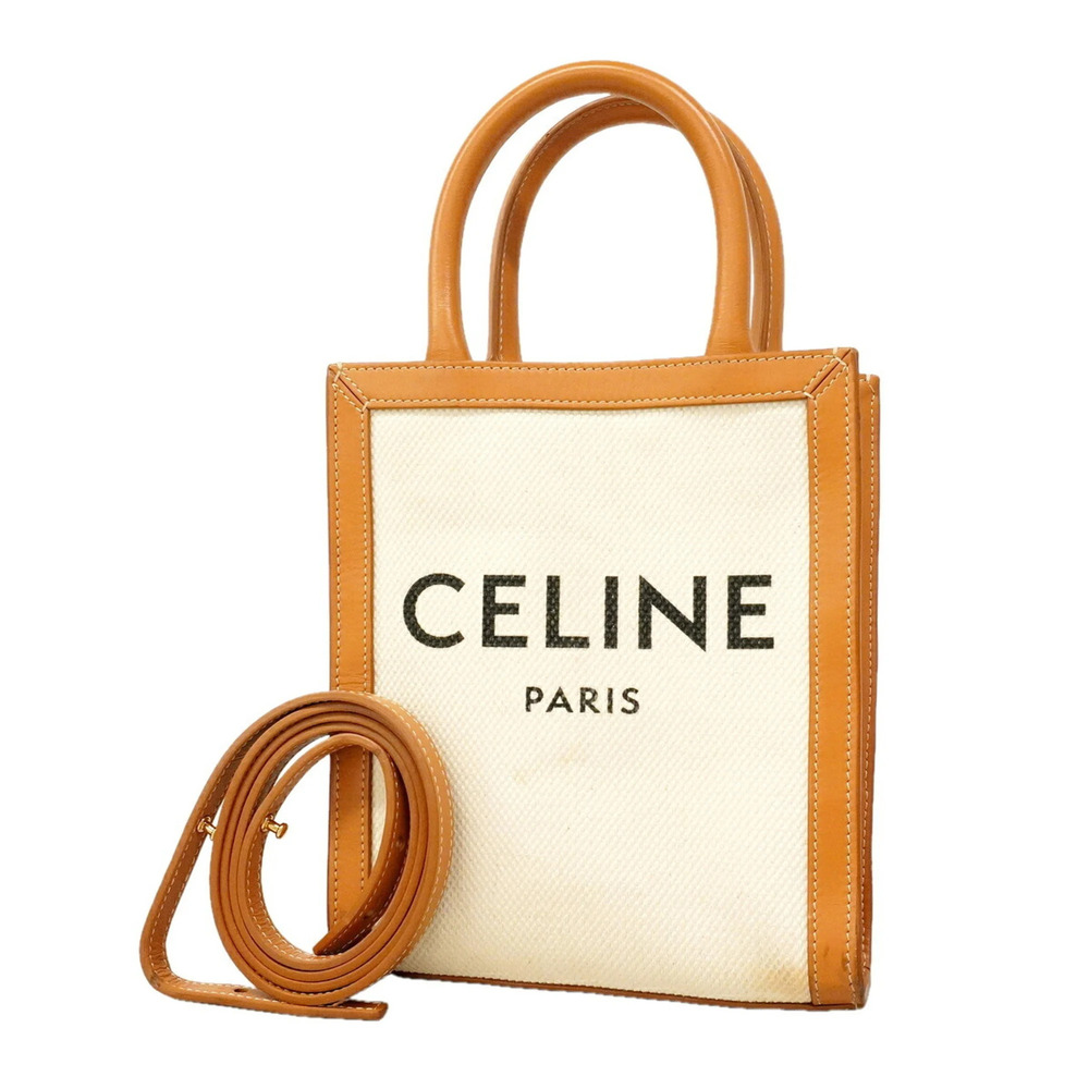 Celine Mini Vertical Cabas Handbag, Canvas and Leather, Ivory Brown, 2-way ba...